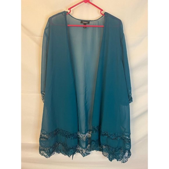 torrid Sweaters - TORRID WOMENS PLUS SIZE 4 TEAL DUSTER KIMONO LONG SWEATER LACE BEAUTIFUL